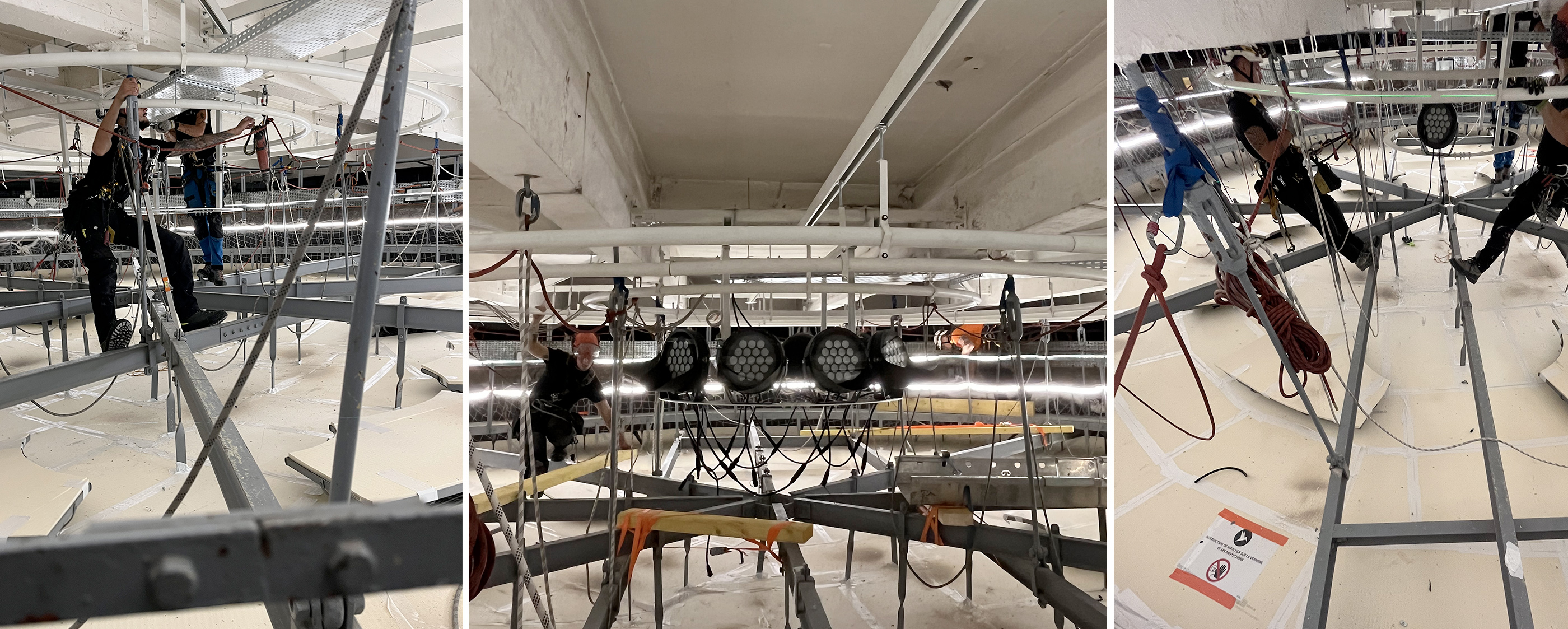 À gauche et droite : installation des cercles d’accroches pour les cordistes / Au centre : la verrière protégée et opaque pendant le chantier 