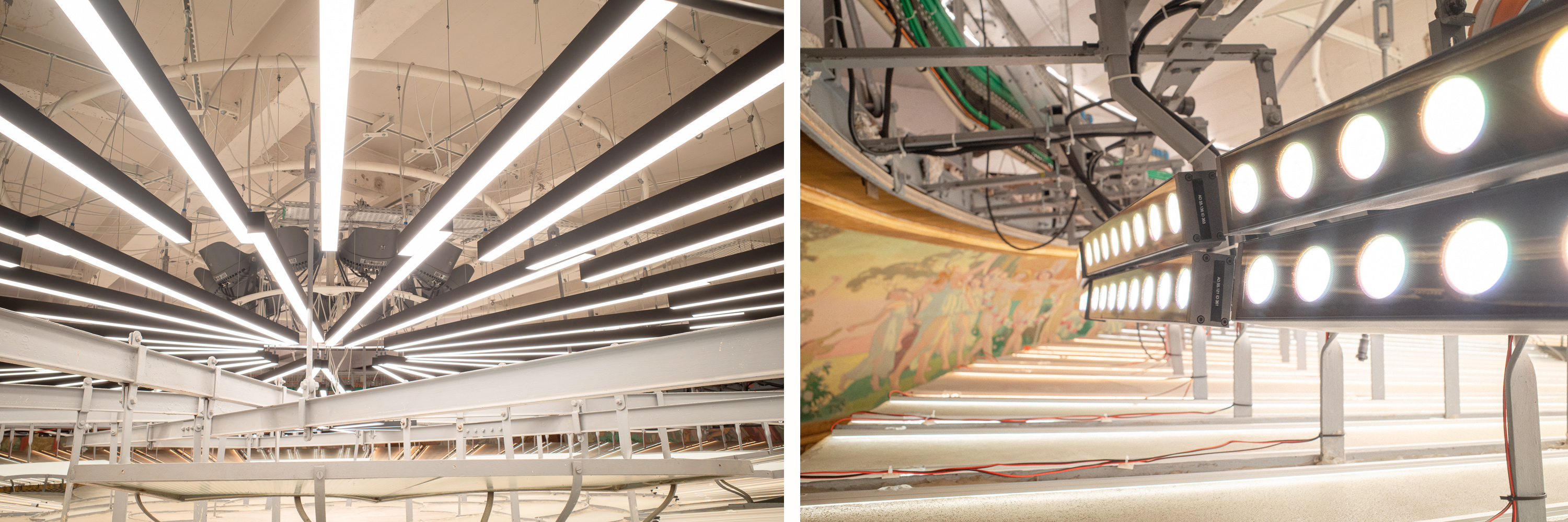Les luminaires «suspendus» et les doubles rampes d’éclairage des peintures